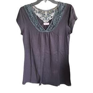 Vintage Lucky Spirit Black Top lace collar has green tint whimsy goth Y2K Sz XL